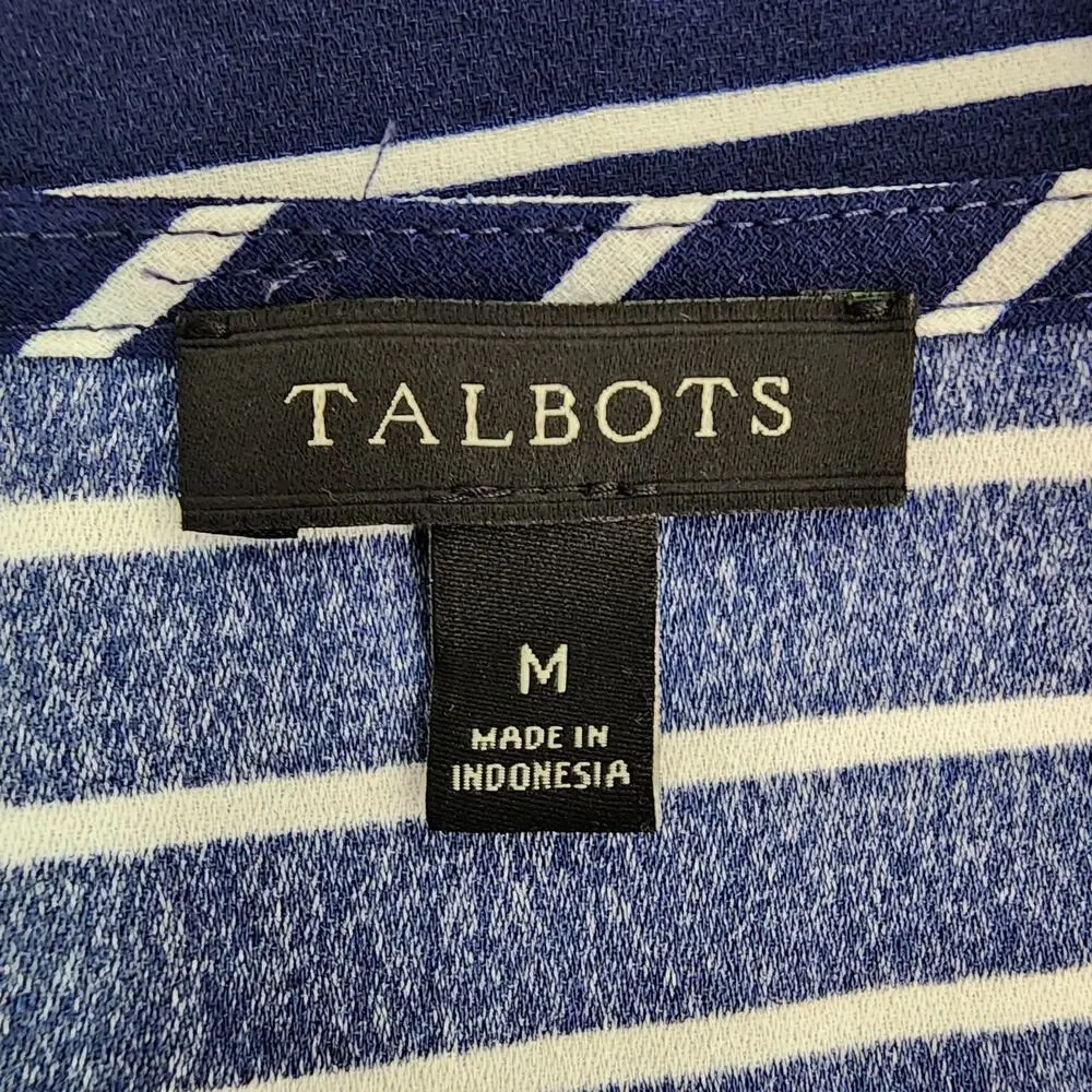 Talbots Womens Tunic Top Navy Blue White Striped Tie 3/4 Sleeve V Neck Medium